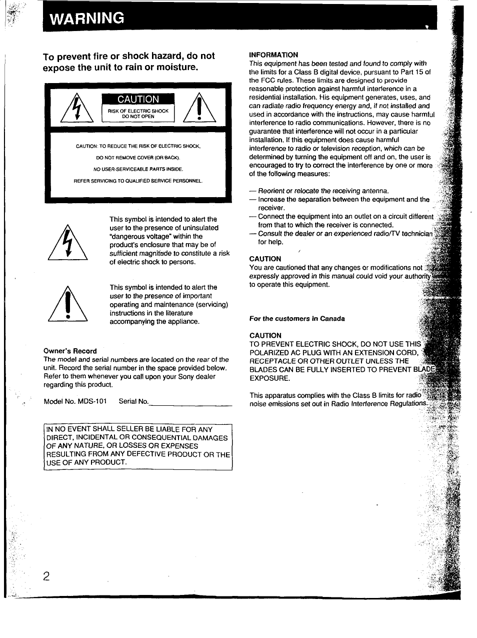 Caution, Information, For the customers in canada caution | Warning | Sony MDS-101 User Manual | Page 2 / 52
