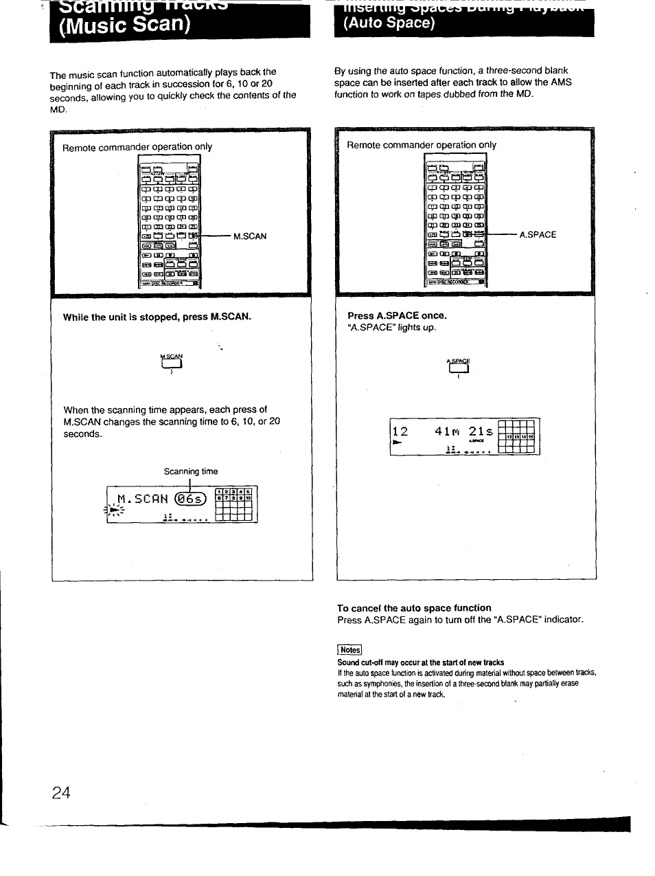 Music scan), While the unit is stopped, press m.scan, Press a.space once | To cancel the auto space function, Auto space) | Sony MDS-101 User Manual | Page 24 / 52