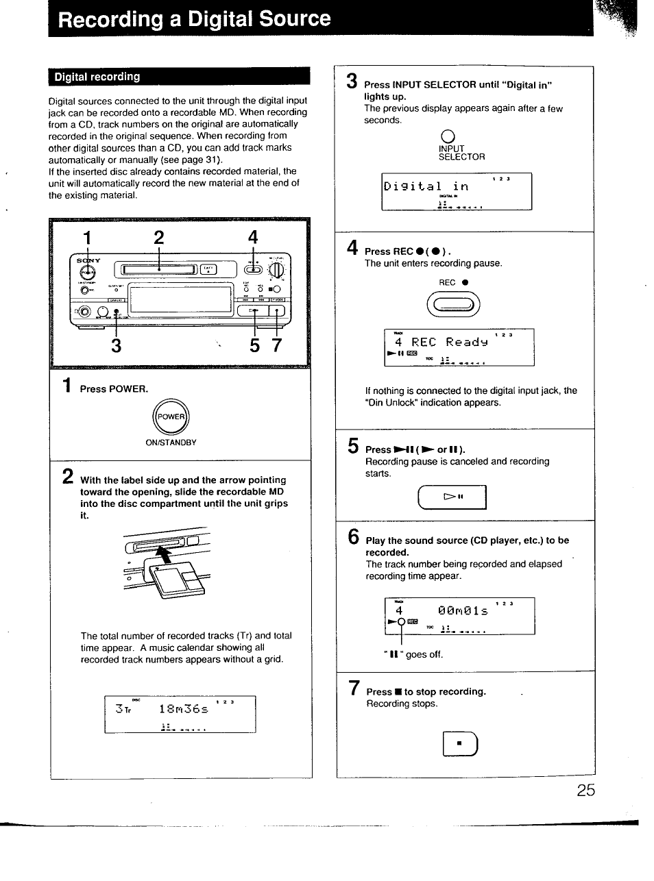 Digital recording, Press power, Isr-i | Digital in, Press rec#(«), Press^ll(^orll), Recording a digitai source | Sony MDS-101 User Manual | Page 25 / 52