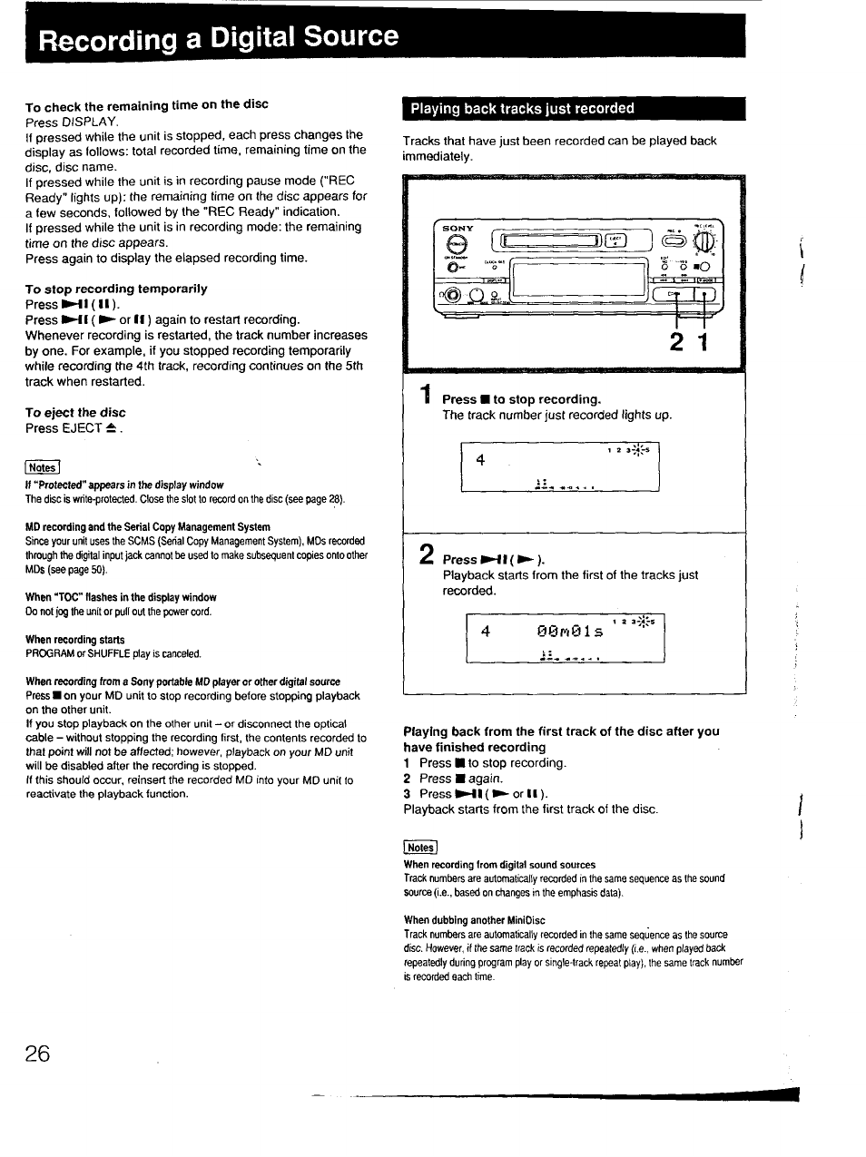 Playing back tracks just recorded, Recording a digital source | Sony MDS-101 User Manual | Page 26 / 52