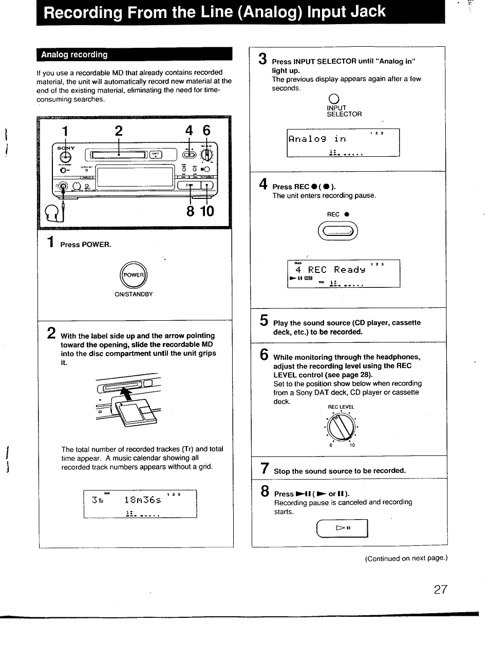 Analog recording, Recording from the line (analog) input jack | Sony MDS-101 User Manual | Page 27 / 52