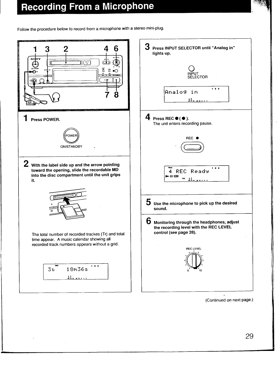 Finalo9 in, Recording from a microphone, Lsn36s | 4 rec ready | Sony MDS-101 User Manual | Page 29 / 52