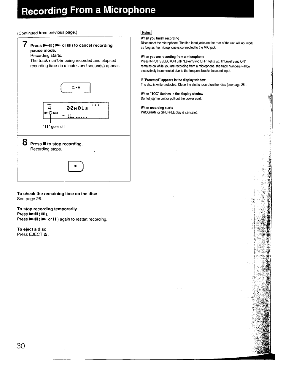 Recording from a microphone | Sony MDS-101 User Manual | Page 30 / 52