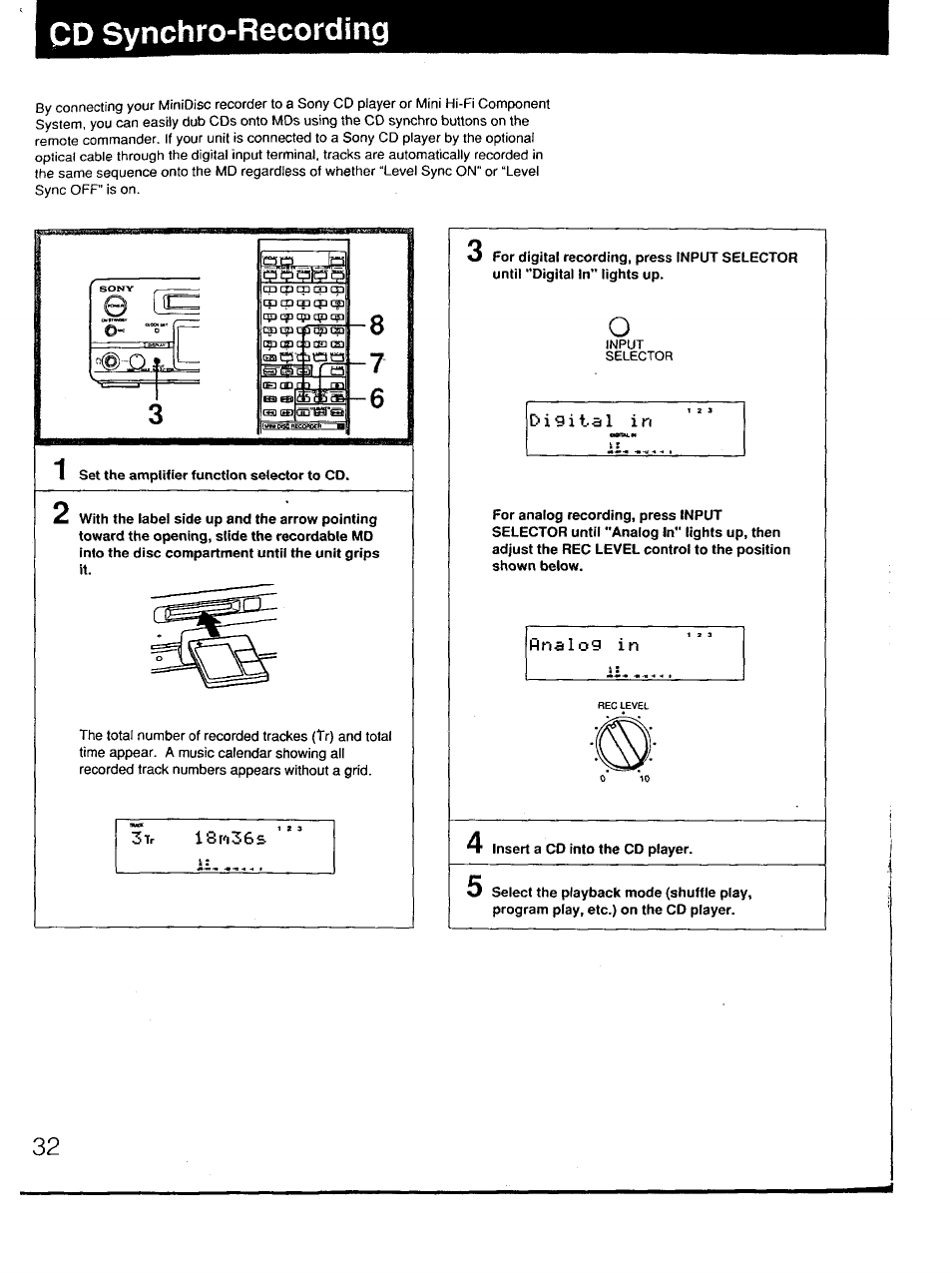Set the amplifier function selector to cd, Insert a co into the co player, Cd synchro-recording | Sony MDS-101 User Manual | Page 32 / 52