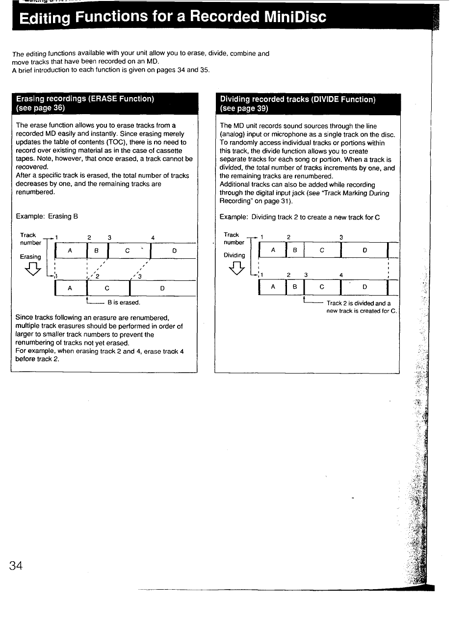 Erasing recordings (erase function), Dividing recorded tracks (divide function), Editing functions for a recorded minidisc | Sony MDS-101 User Manual | Page 34 / 52