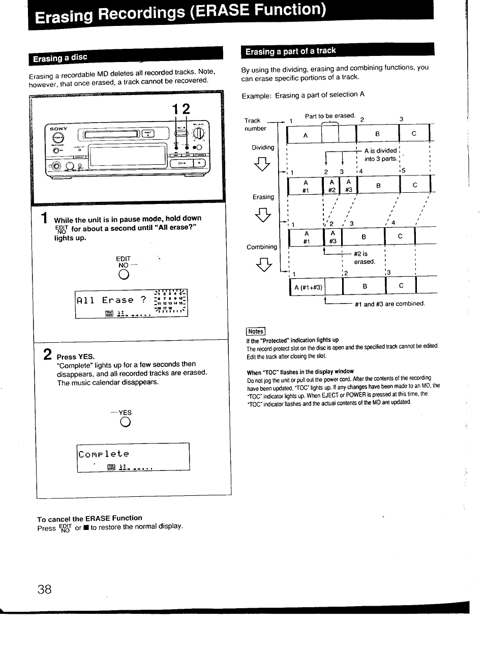 To cancel the erase function | Sony MDS-101 User Manual | Page 38 / 52