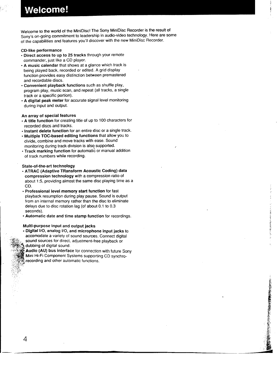 Cd-like performance, An array of special features, State-of-the-art technology | Multi-purpose input and output jacks, Welcome | Sony MDS-101 User Manual | Page 4 / 52