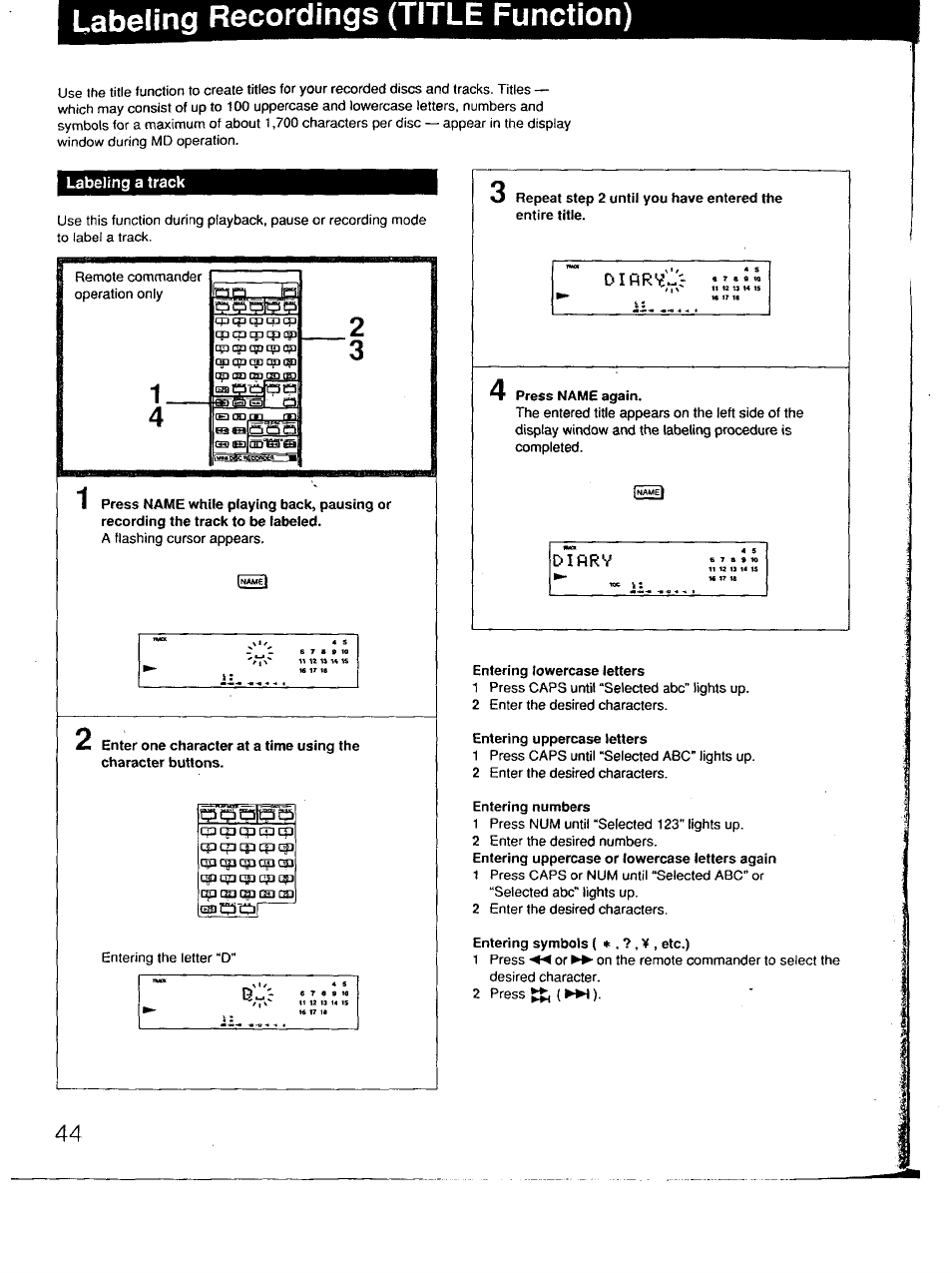 Labeling a track, Labeling recordings (title function) | Sony MDS-101 User Manual | Page 44 / 52