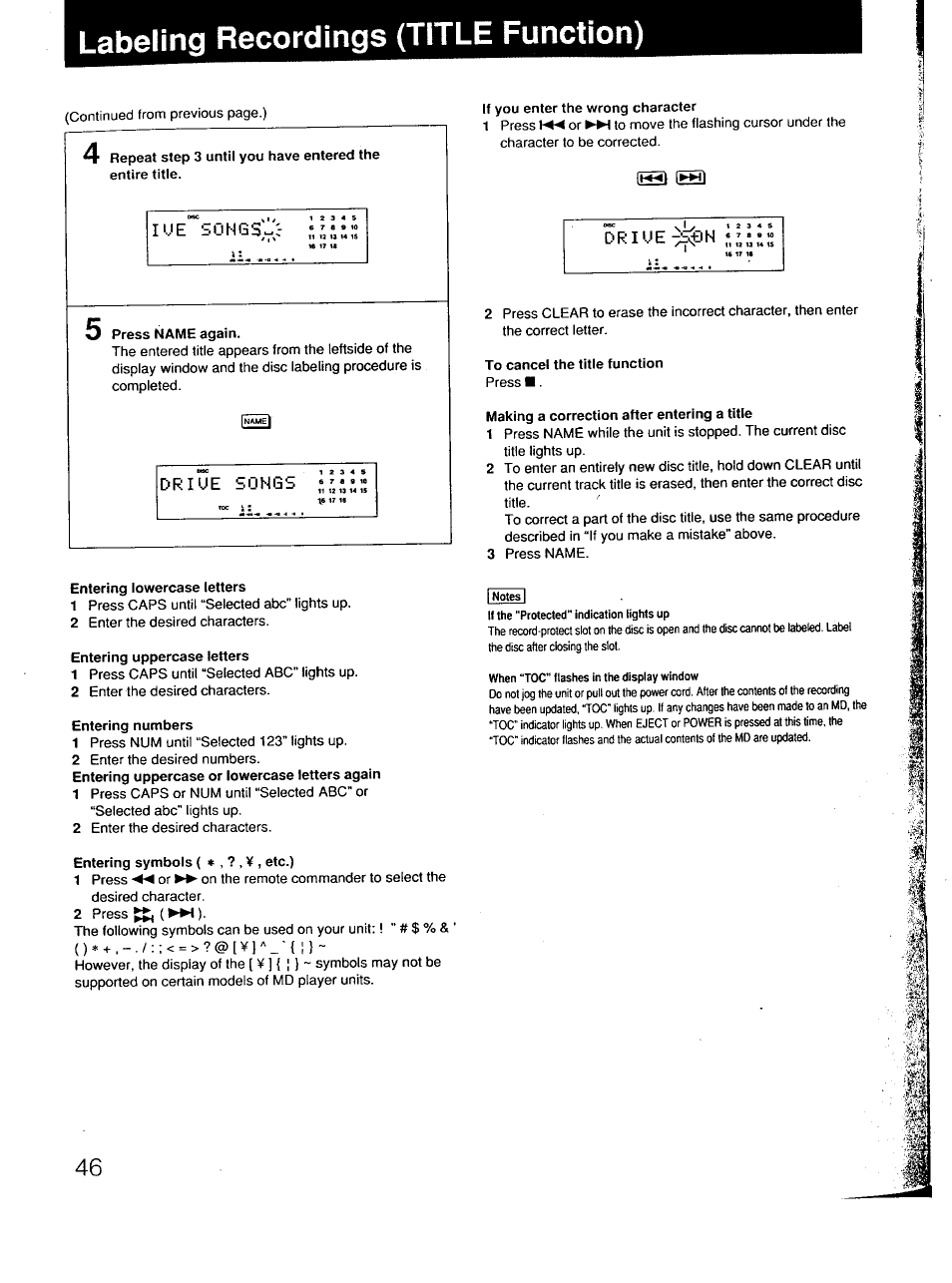 Entering iowercase ietters, Entering uppercase ietters, Entering numbers | Entering symbols { »,?,¥, etc.), If you enter the wrong character, To cancel the title function, Making a correction after entering a title, Labeling recordings (title function) | Sony MDS-101 User Manual | Page 46 / 52
