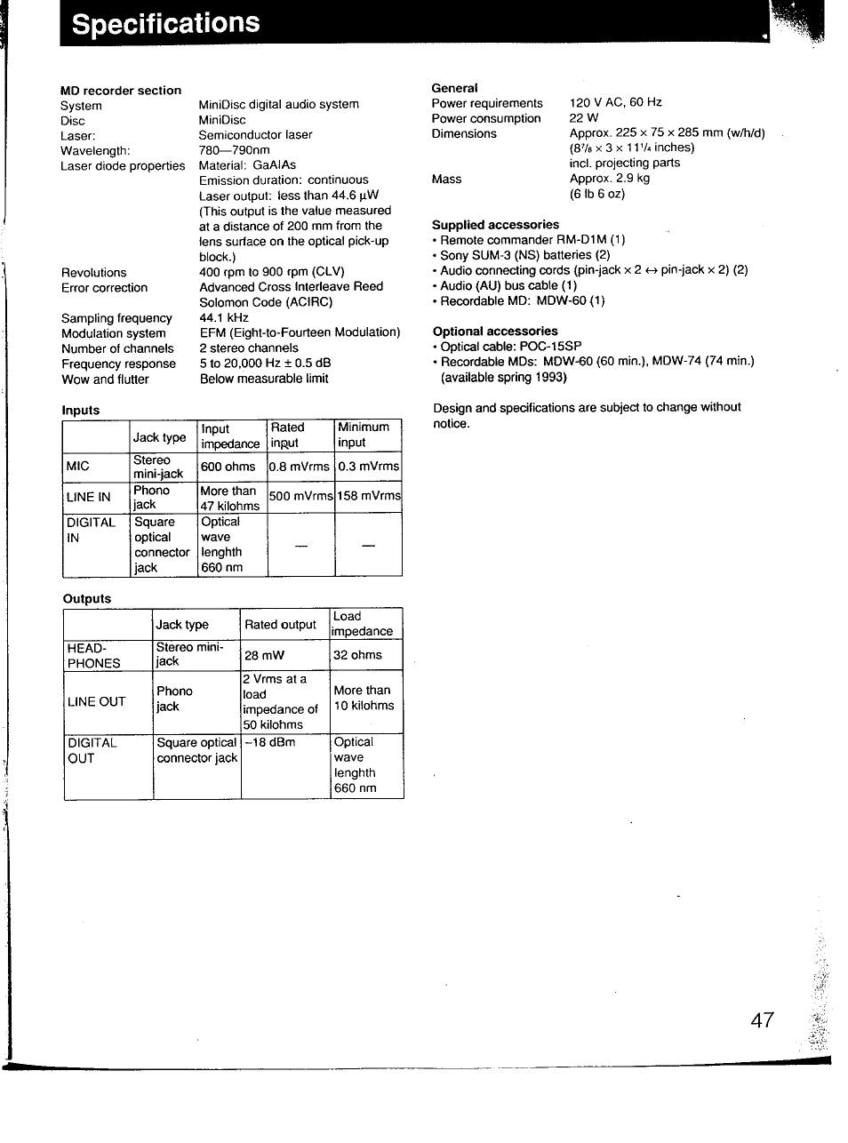 Specifications, Supplied accessories, Optional accessories | Sony MDS-101 User Manual | Page 47 / 52