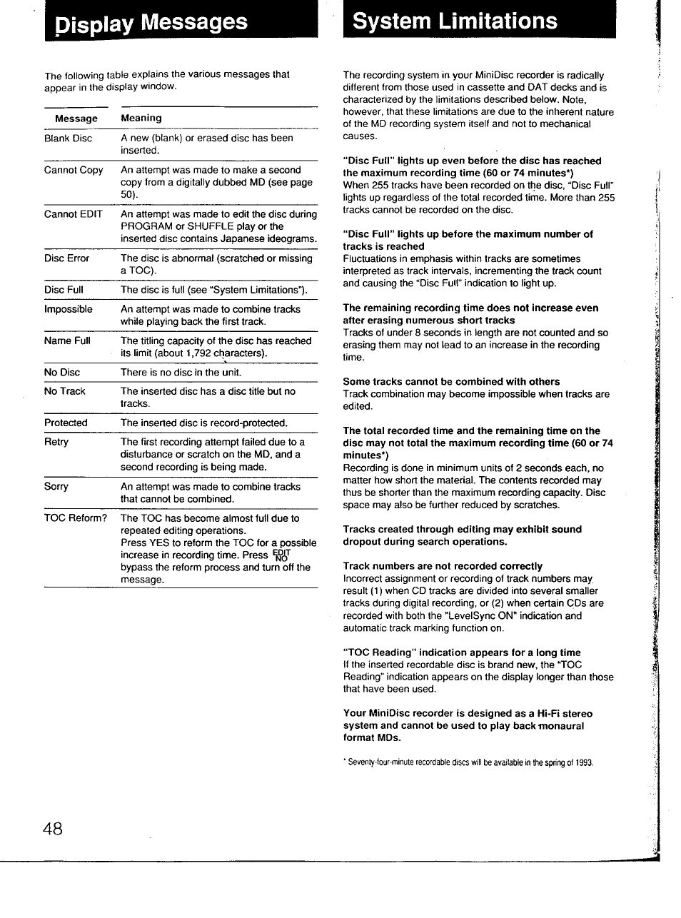 Display messages, System limitations, Display messages system limitations | Sony MDS-101 User Manual | Page 48 / 52