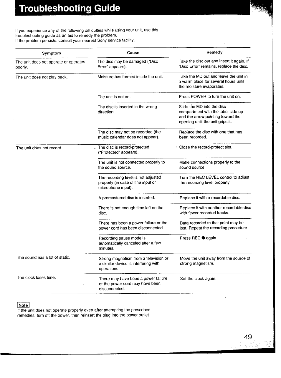 Troubleshooting guide | Sony MDS-101 User Manual | Page 49 / 52