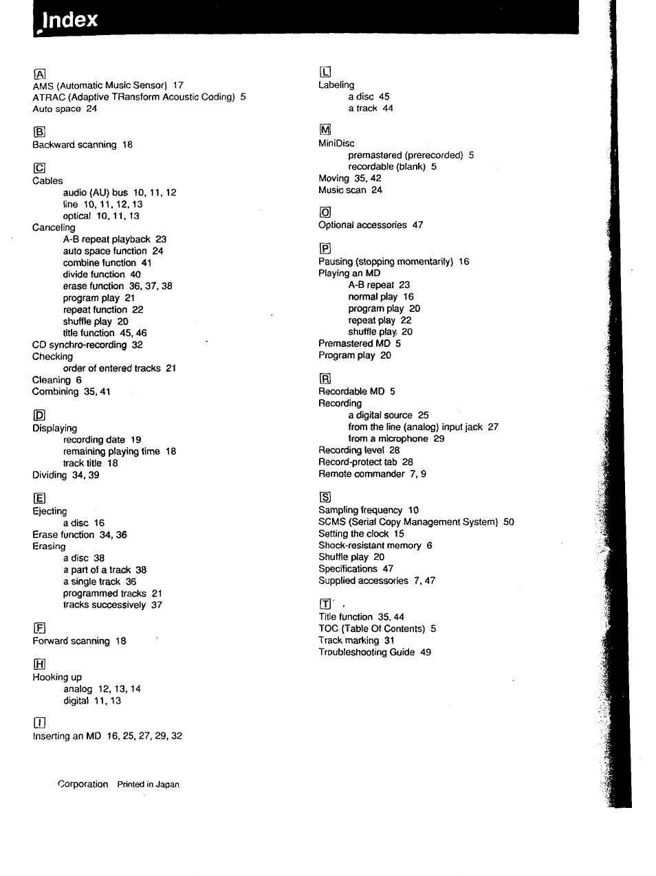 Index | Sony MDS-101 User Manual | Page 52 / 52
