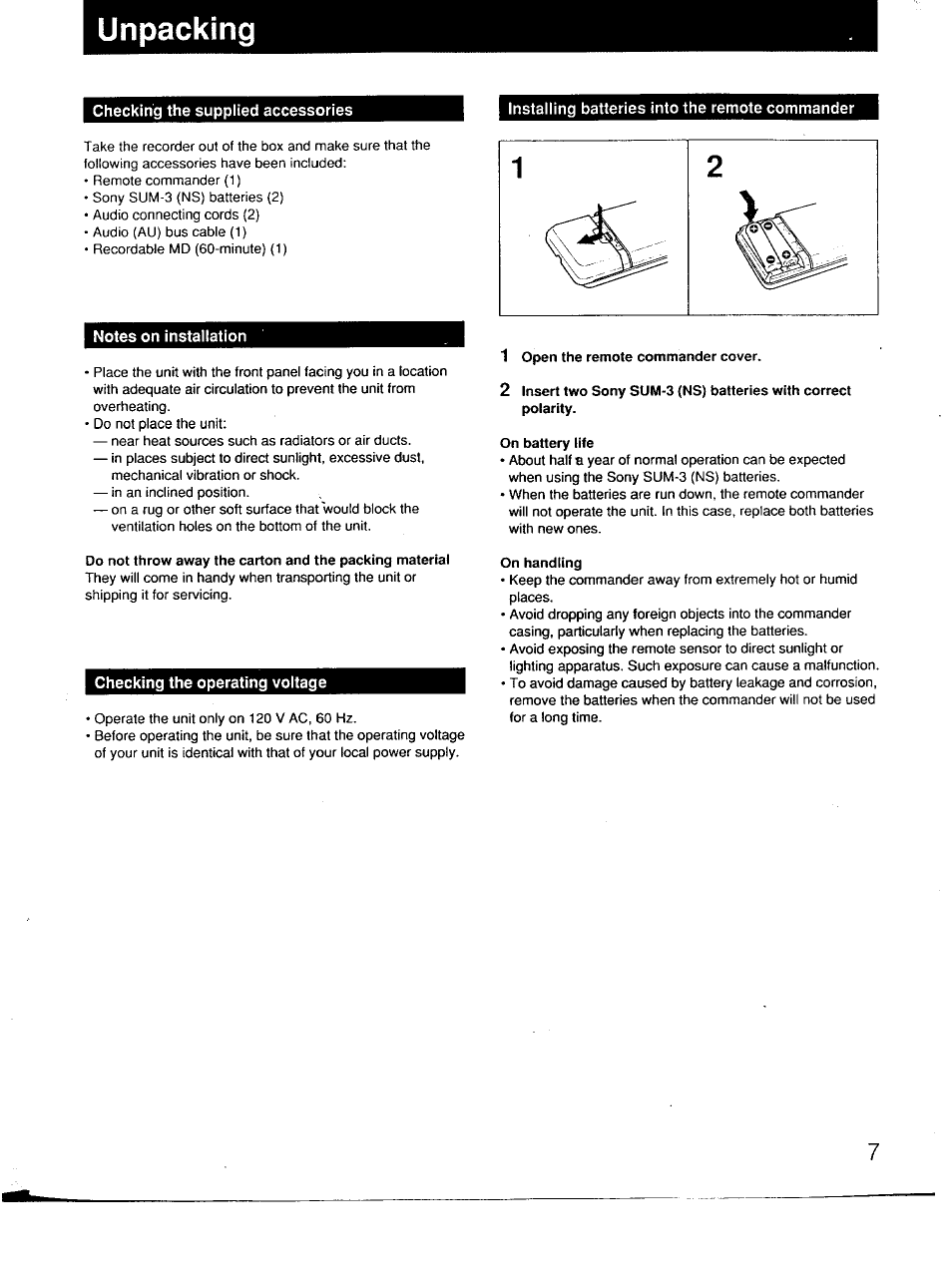 Unpacking, Checking the supplied accessories, Installing batteries into the remote commander | Notes on installation, Checking the operating voltage, 1 open the remote commander cover, On battery life, On handling | Sony MDS-101 User Manual | Page 7 / 52