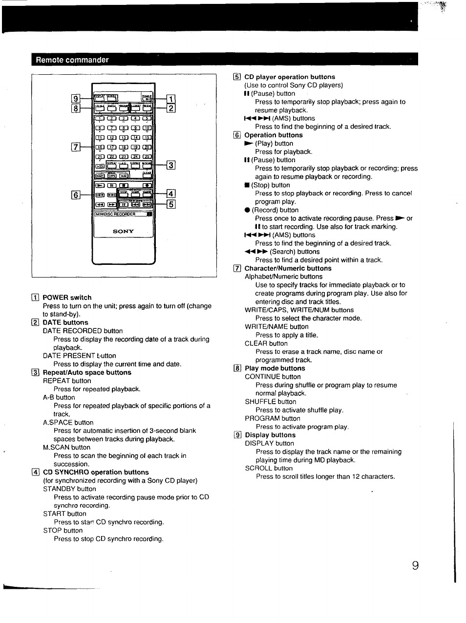 Remote commander, Gabsÿg —{3 | Sony MDS-101 User Manual | Page 9 / 52