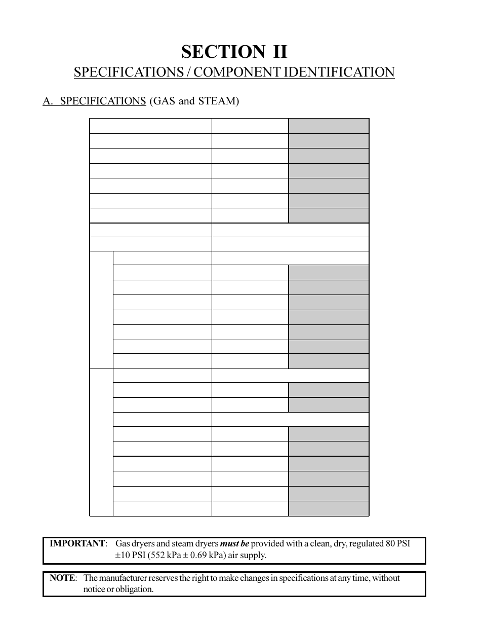 Gas steam, Specifications / component identification, A. specifications (gas and steam) | American Dryer Corp. MD-170 User Manual | Page 10 / 72