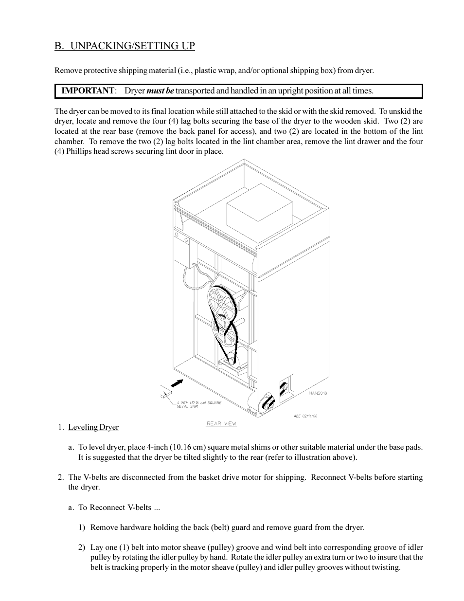 B. unpacking/setting up | American Dryer Corp. MD-170 User Manual | Page 15 / 72