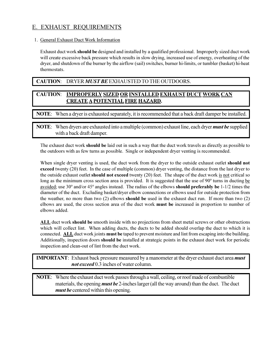 E. exhaust requirements | American Dryer Corp. MD-170 User Manual | Page 19 / 72