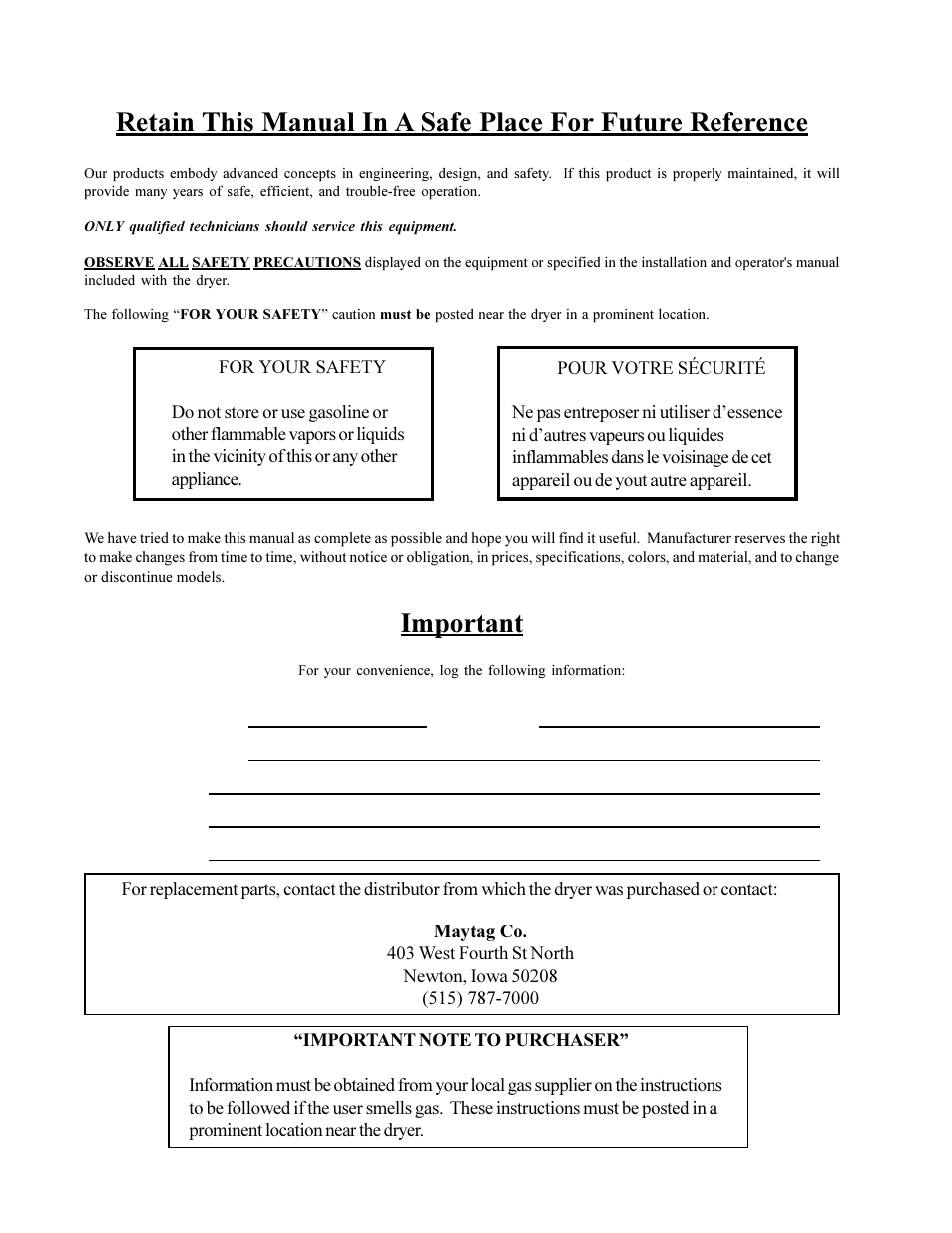 Important, Md-170 | American Dryer Corp. MD-170 User Manual | Page 2 / 72