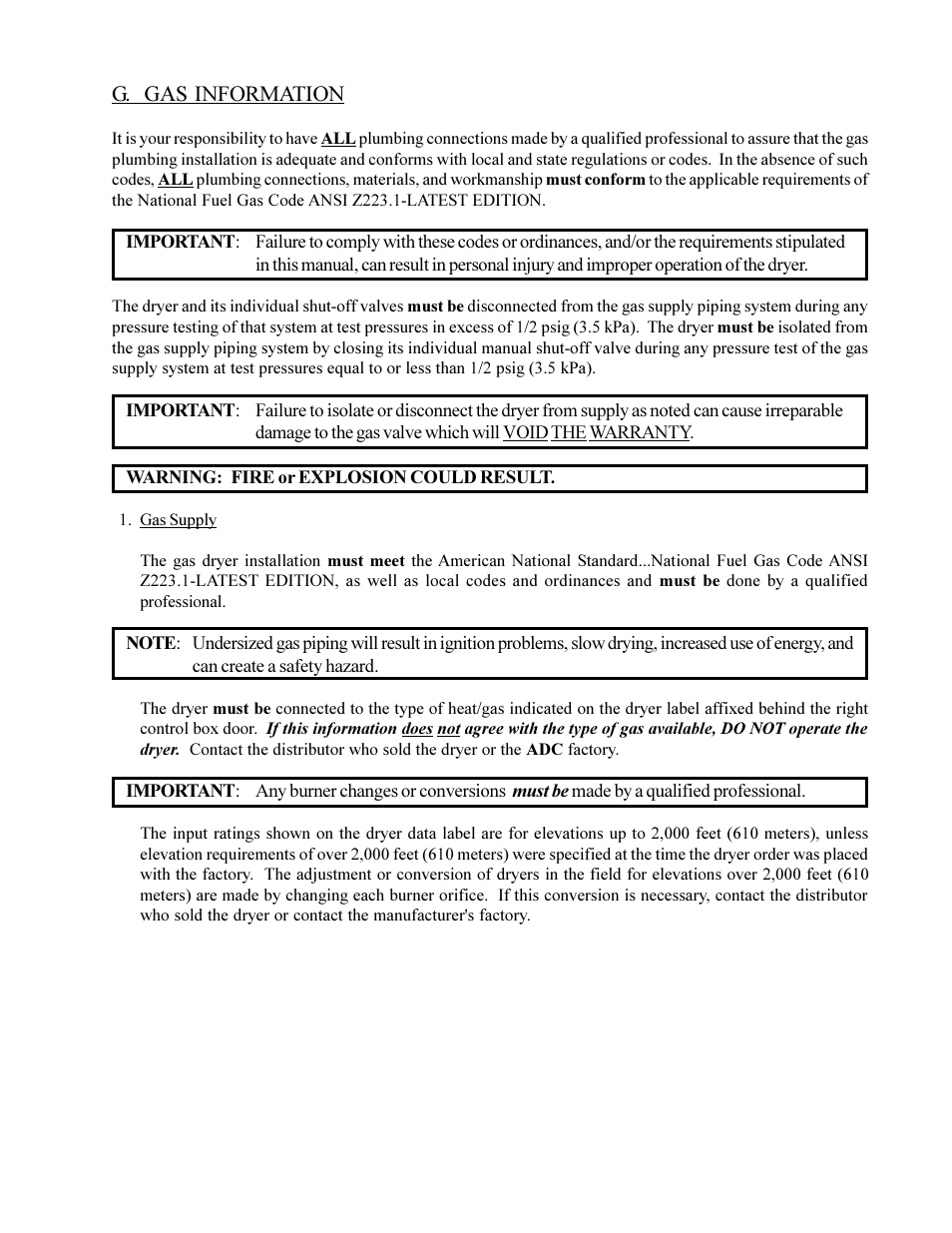 G. gas information | American Dryer Corp. MD-170 User Manual | Page 29 / 72