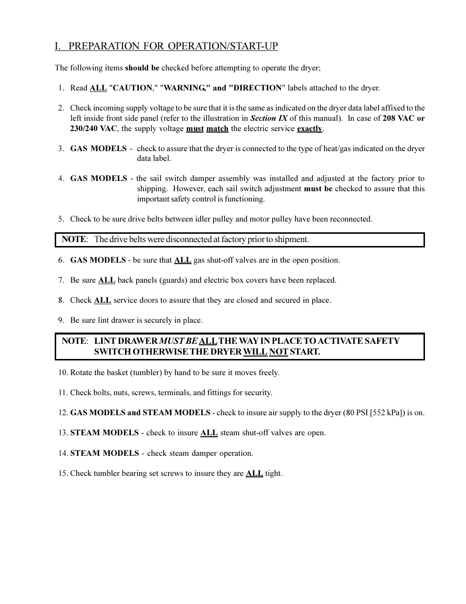 I. preparation for operation/start-up | American Dryer Corp. MD-170 User Manual | Page 37 / 72