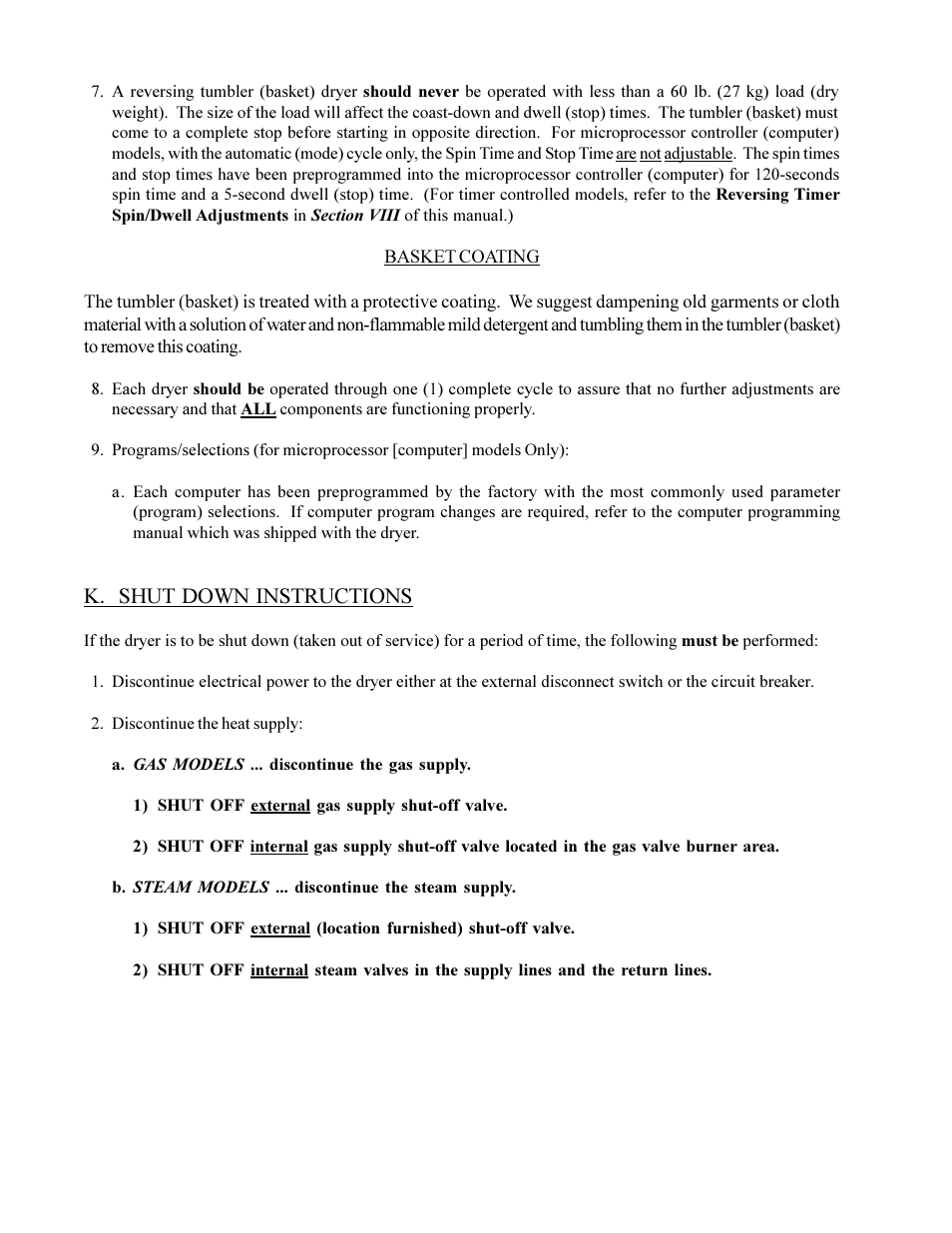 K. shut down instructions | American Dryer Corp. MD-170 User Manual | Page 40 / 72