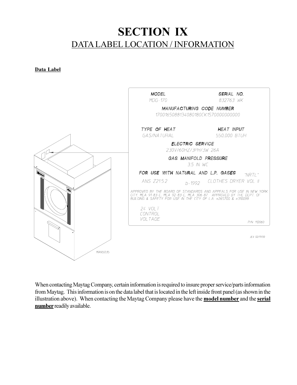 Data label location / information | American Dryer Corp. MD-170 User Manual | Page 65 / 72