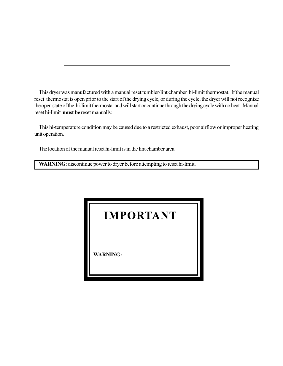 Important, Manual reset hi-limit instructions | American Dryer Corp. MD-170 User Manual | Page 71 / 72