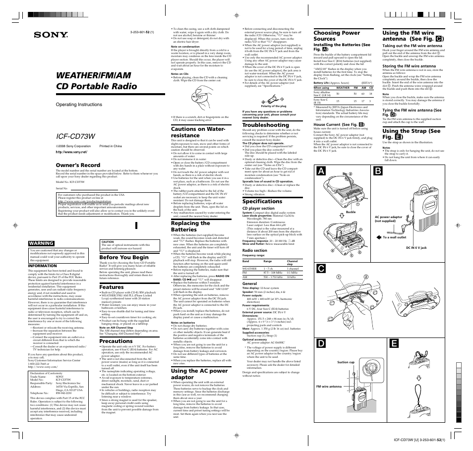 Sony ICF-CD73W User Manual | 2 pages