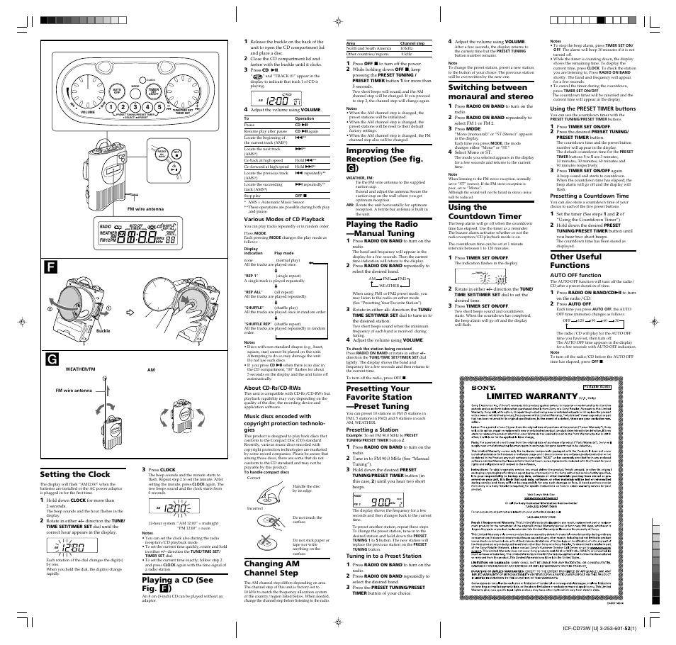 Fg g, Improving the reception (see fig. g ), Playing the radio —manual tuning | Presetting your favorite station —preset tuning, Switching between monaural and stereo, Using the countdown timer, Other useful functions, Changing am channel step, Setting the clock, Playing a cd (see fig. f ) | Sony ICF-CD73W User Manual | Page 2 / 2