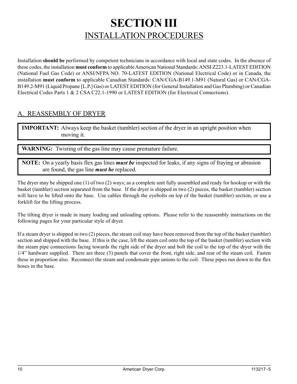 Section iii, Installation procedures, A. reassembly of dryer | American Dryer Corp. AD/ML-310 User Manual | Page 10 / 54