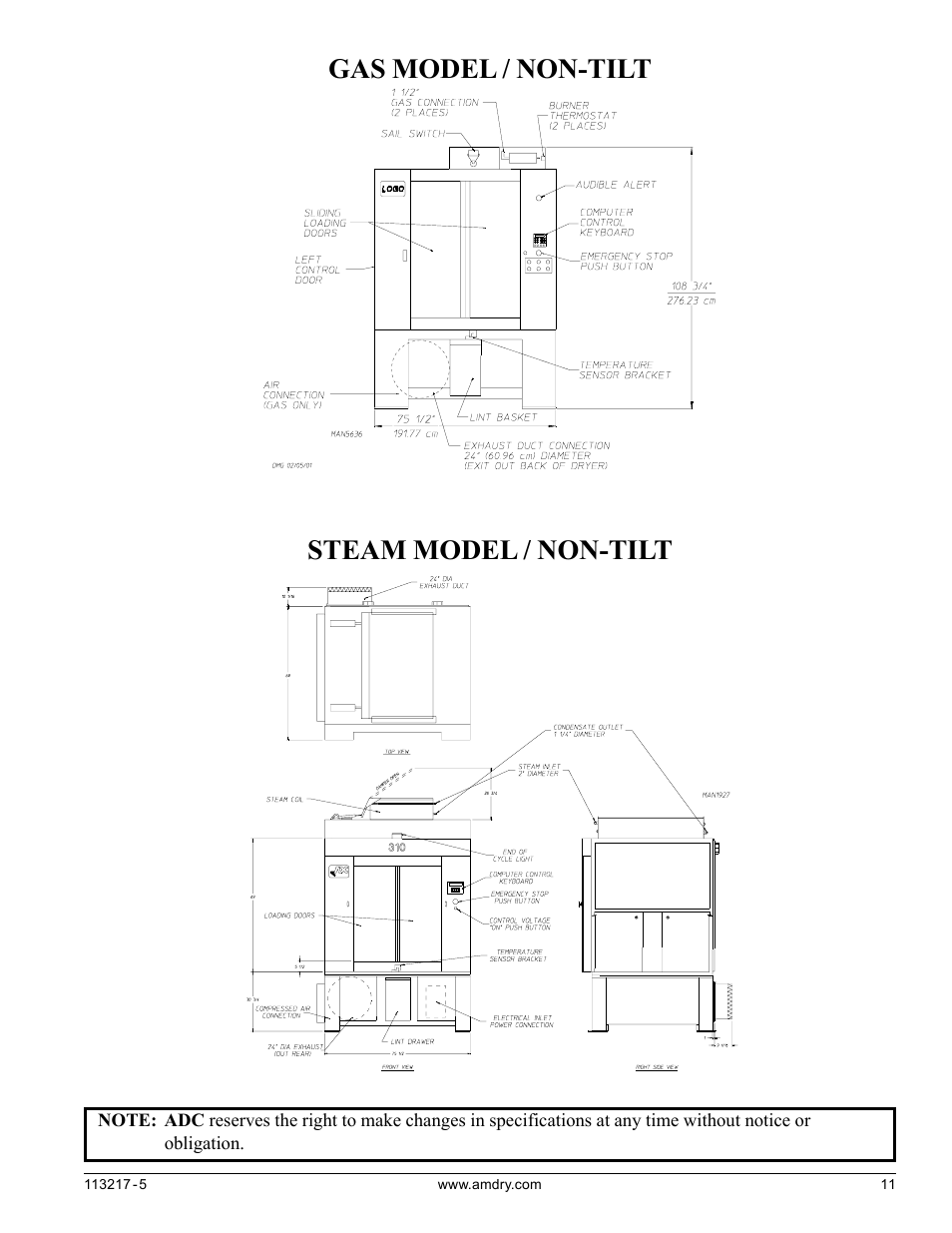 Gas model / non-tilt steam model / non-tilt | American Dryer Corp. AD/ML-310 User Manual | Page 11 / 54