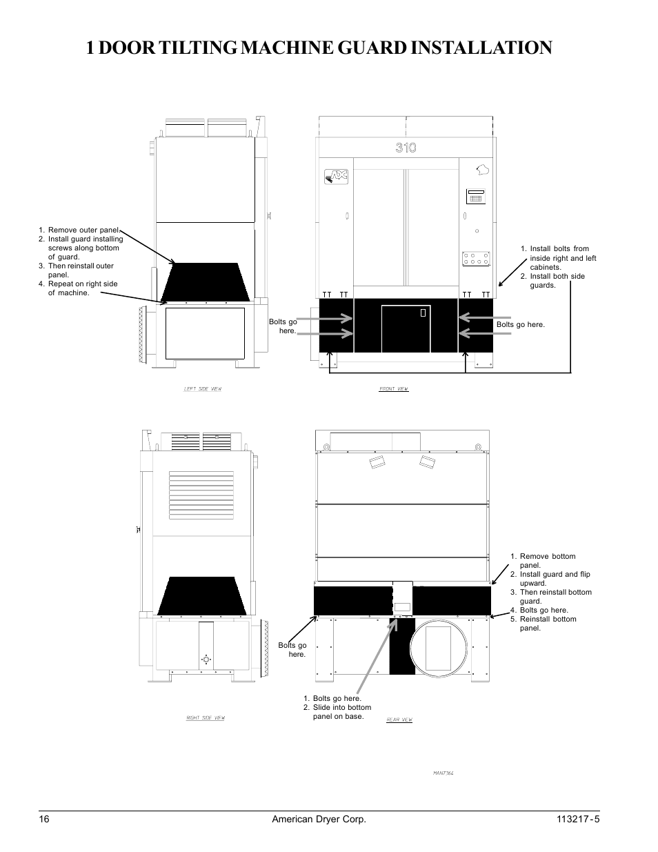 1 door tilting machine guard installation | American Dryer Corp. AD/ML-310 User Manual | Page 16 / 54