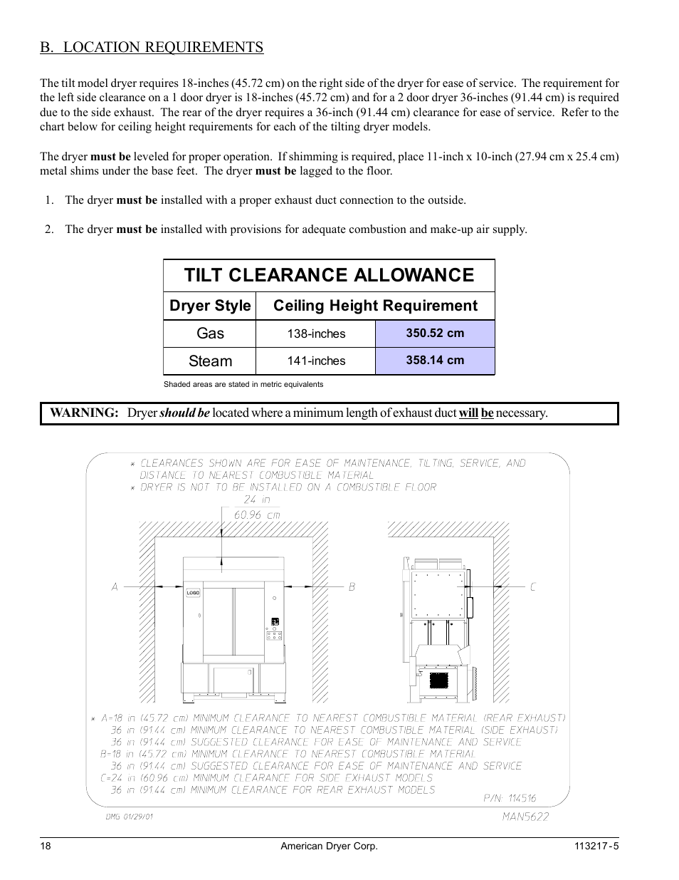 B. location requirements, Tilt clearance allowance | American Dryer Corp. AD/ML-310 User Manual | Page 18 / 54