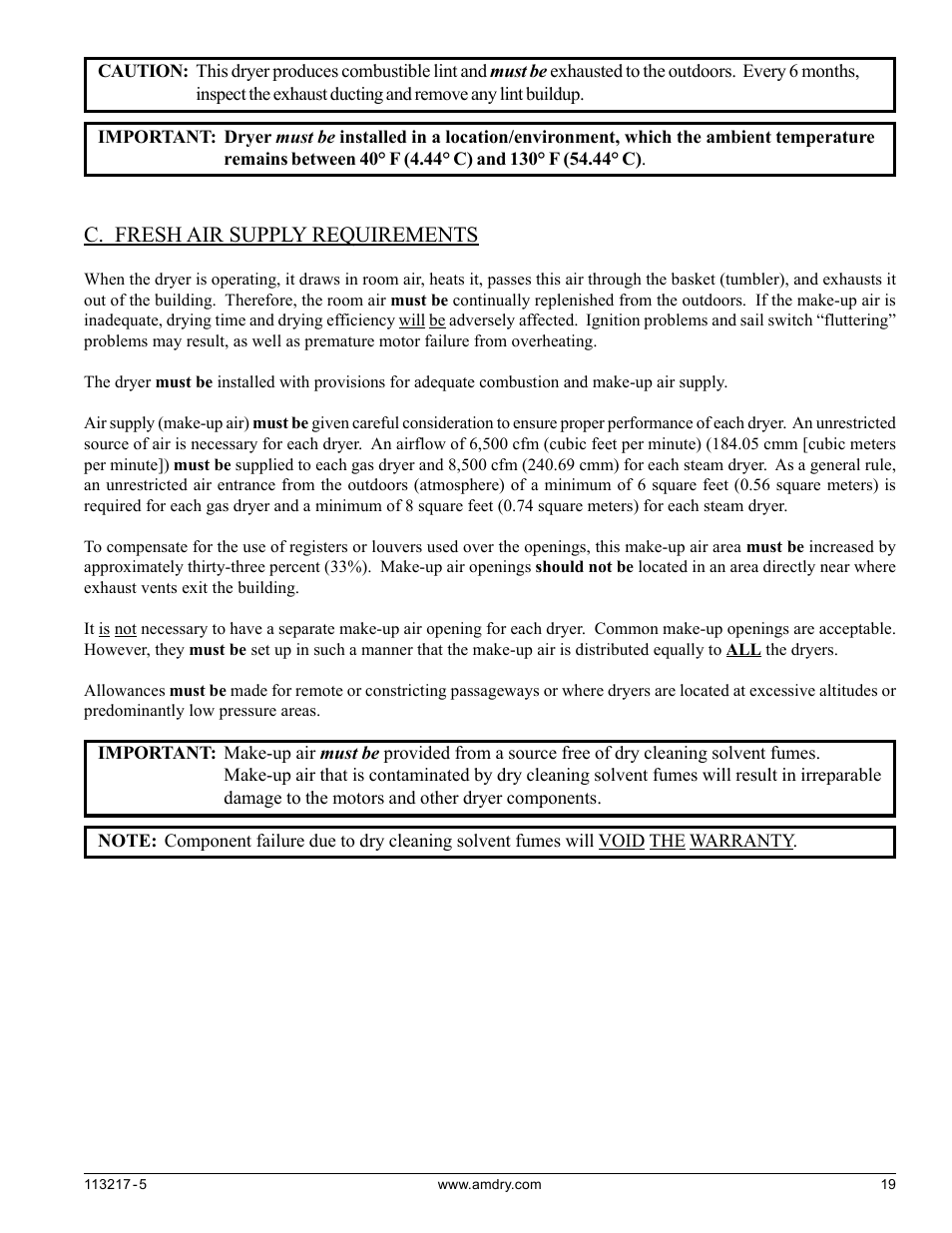 C. fresh air supply requirements | American Dryer Corp. AD/ML-310 User Manual | Page 19 / 54