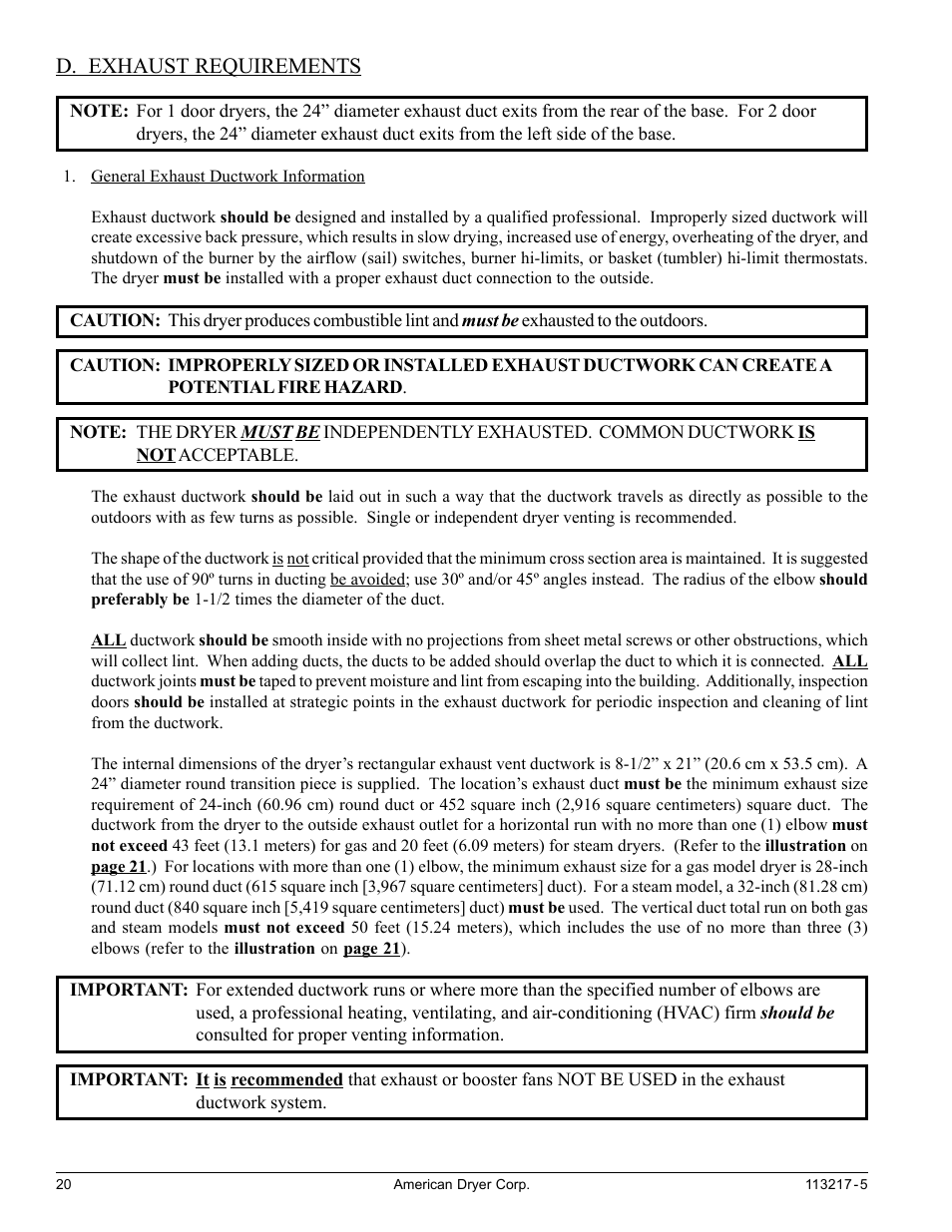 D. exhaust requirements | American Dryer Corp. AD/ML-310 User Manual | Page 20 / 54