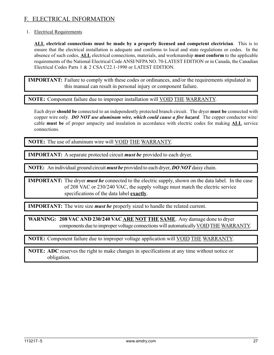 F. electrical information | American Dryer Corp. AD/ML-310 User Manual | Page 27 / 54