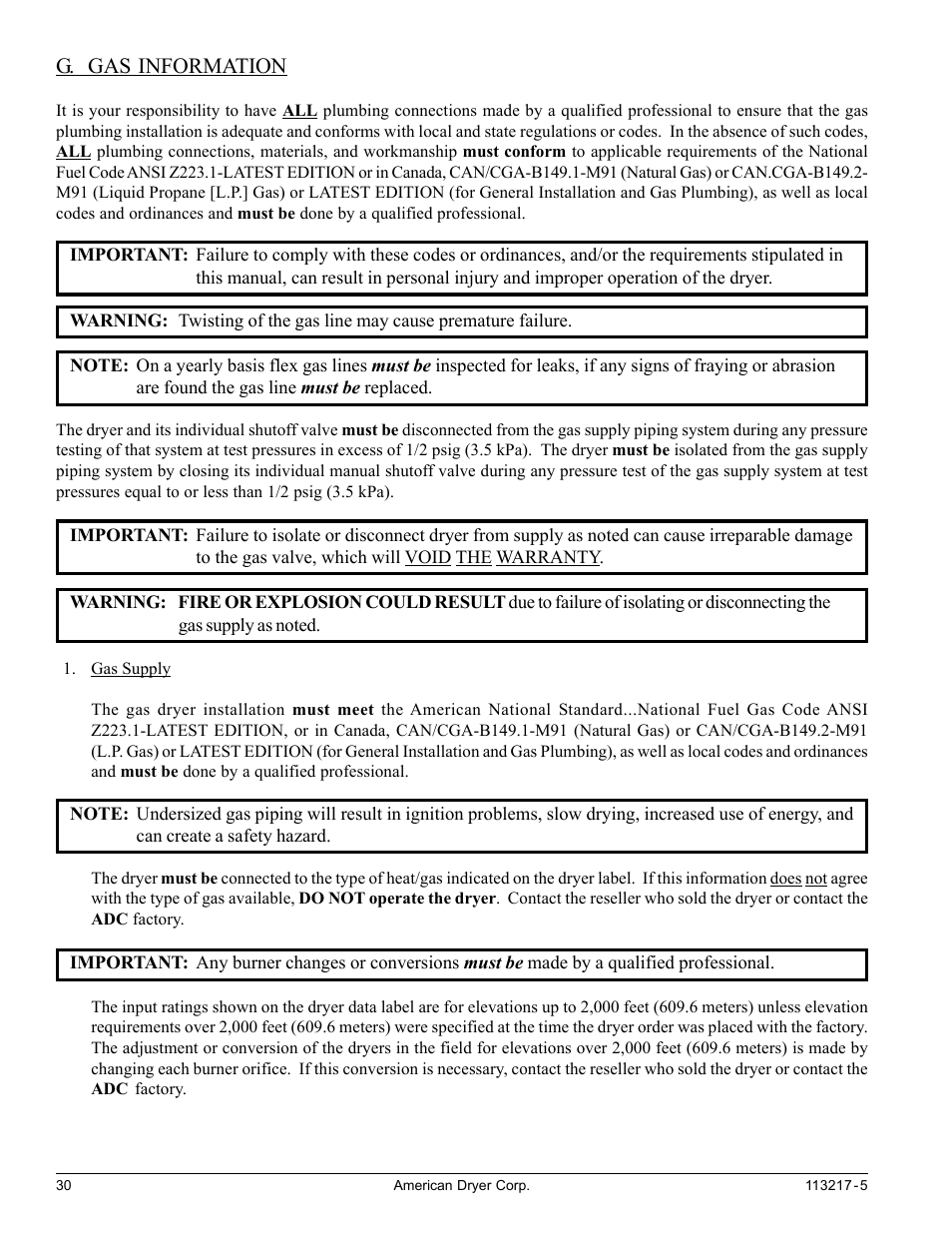 G. gas information | American Dryer Corp. AD/ML-310 User Manual | Page 30 / 54