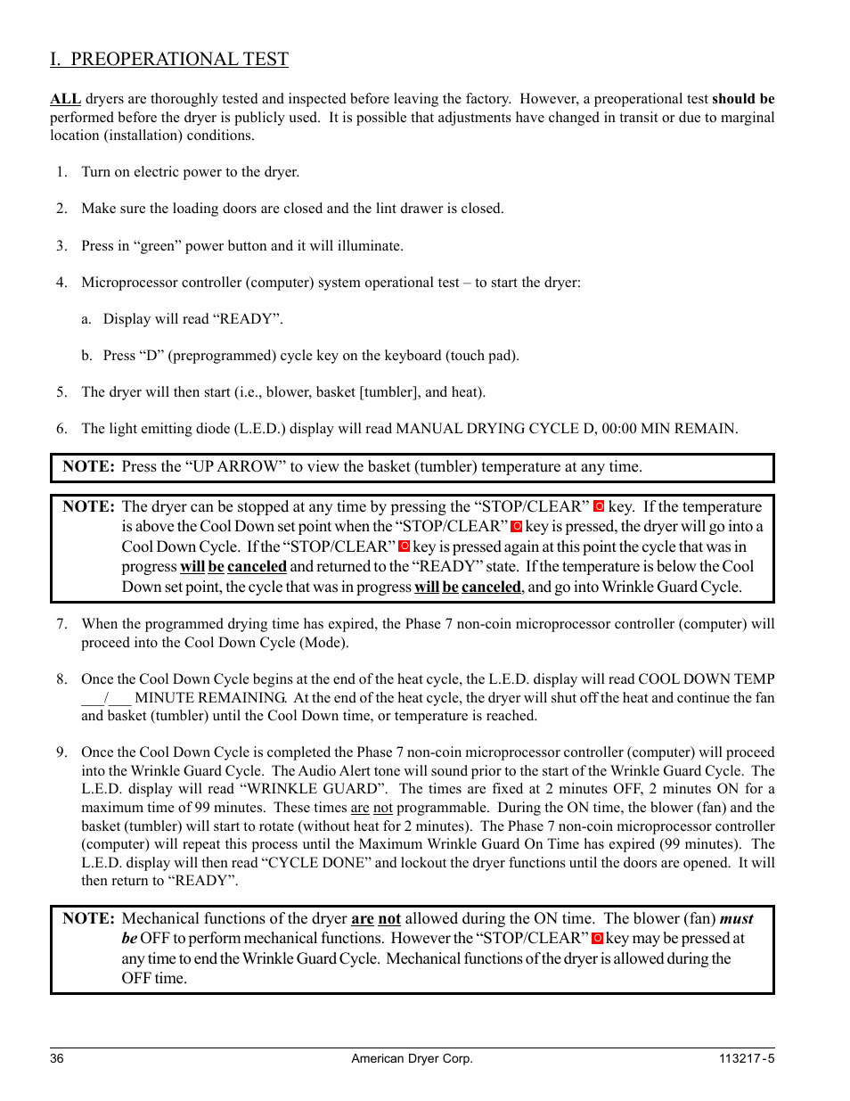 Preoperational test, I. preoperational test | American Dryer Corp. AD/ML-310 User Manual | Page 36 / 54