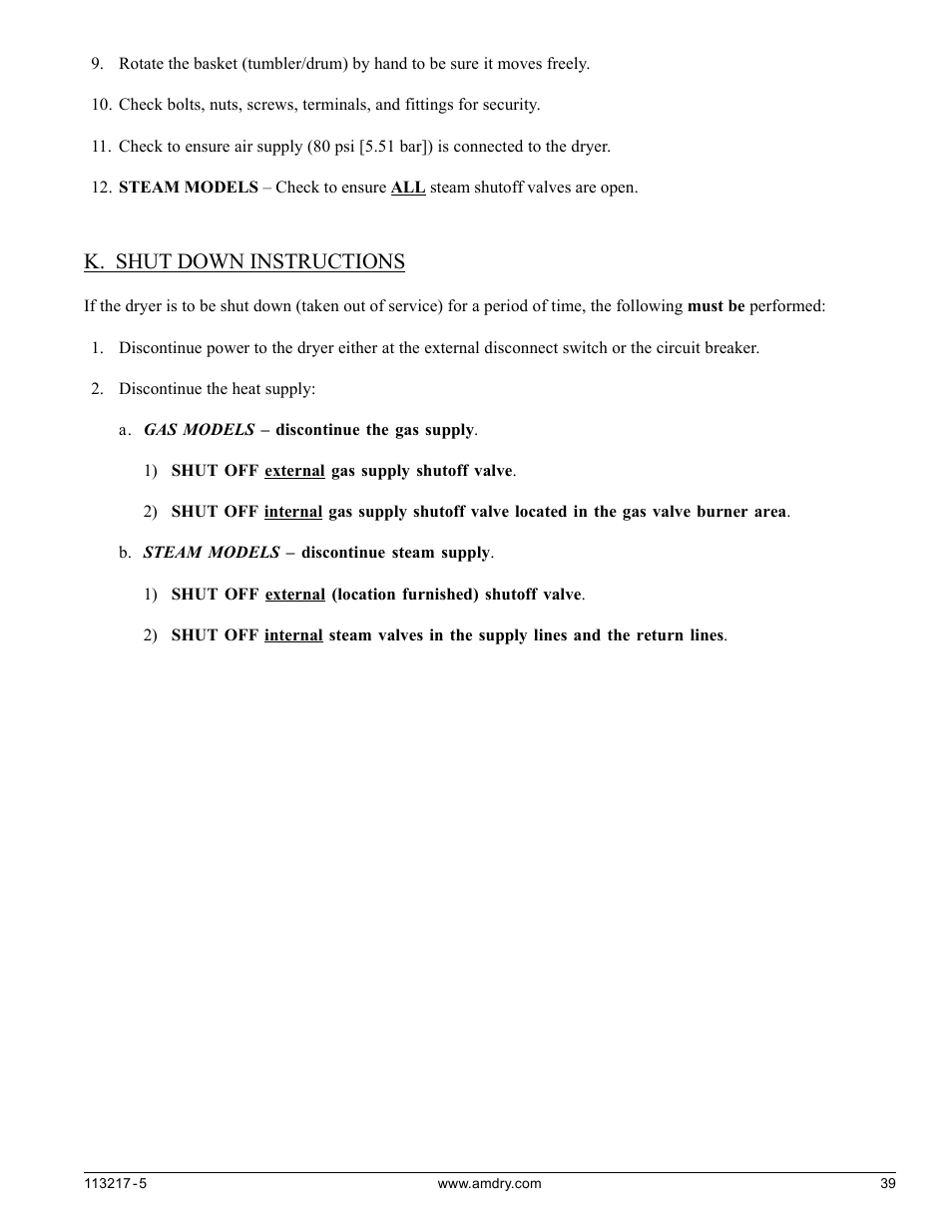 K. shutdown instructions, K. shut down instructions | American Dryer Corp. AD/ML-310 User Manual | Page 39 / 54