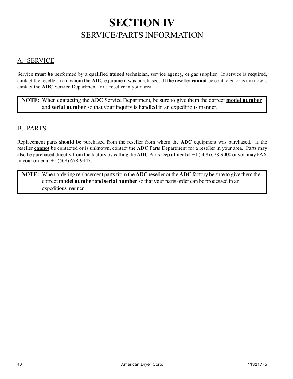 Section iv, Service/parts information, A. service b. parts | American Dryer Corp. AD/ML-310 User Manual | Page 40 / 54
