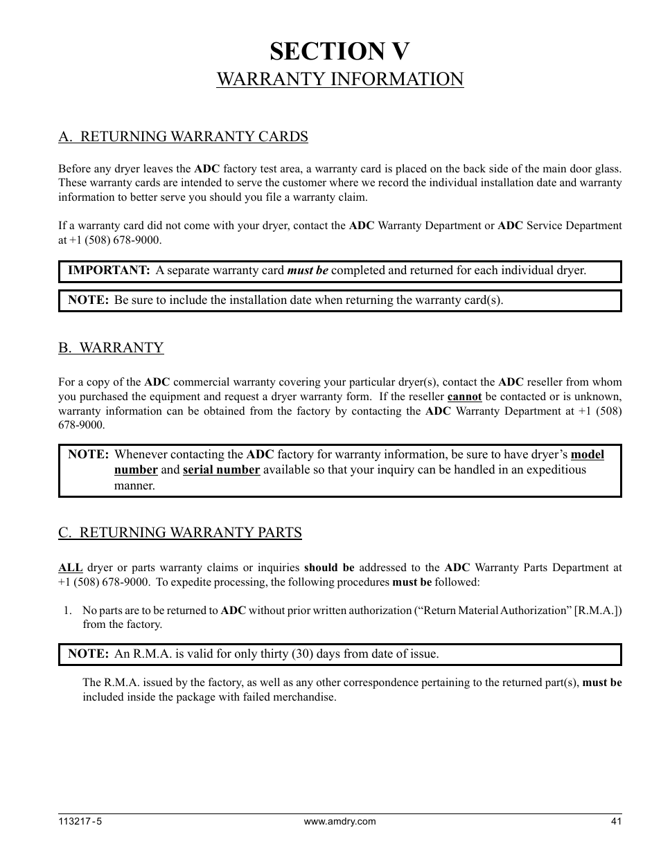 Section v, Warranty information | American Dryer Corp. AD/ML-310 User Manual | Page 41 / 54