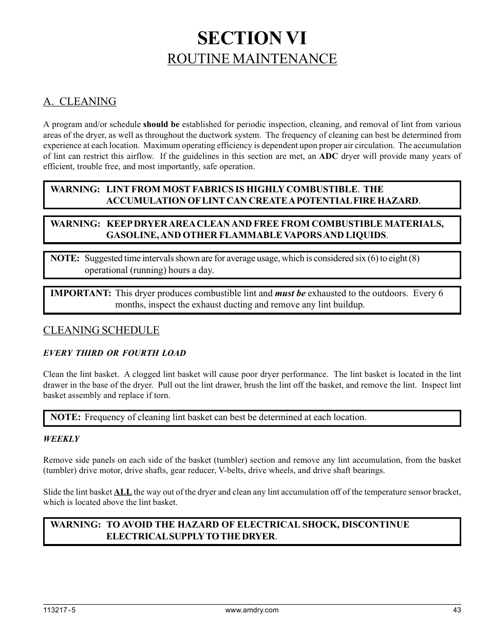 Section vi, Routine maintenance, A. cleaning | American Dryer Corp. AD/ML-310 User Manual | Page 43 / 54