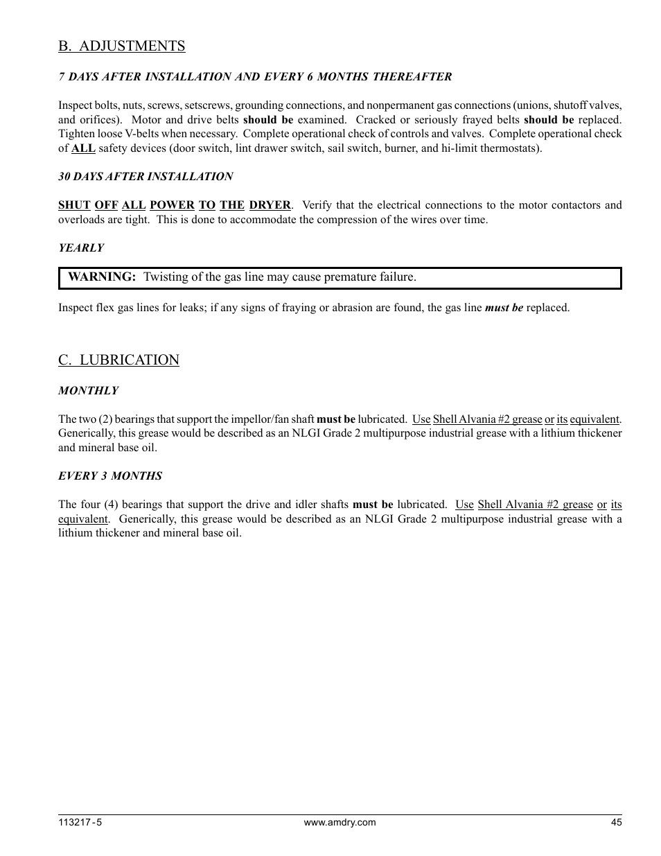 B. adjustments c. lubrication, B. adjustments, C. lubrication | American Dryer Corp. AD/ML-310 User Manual | Page 45 / 54