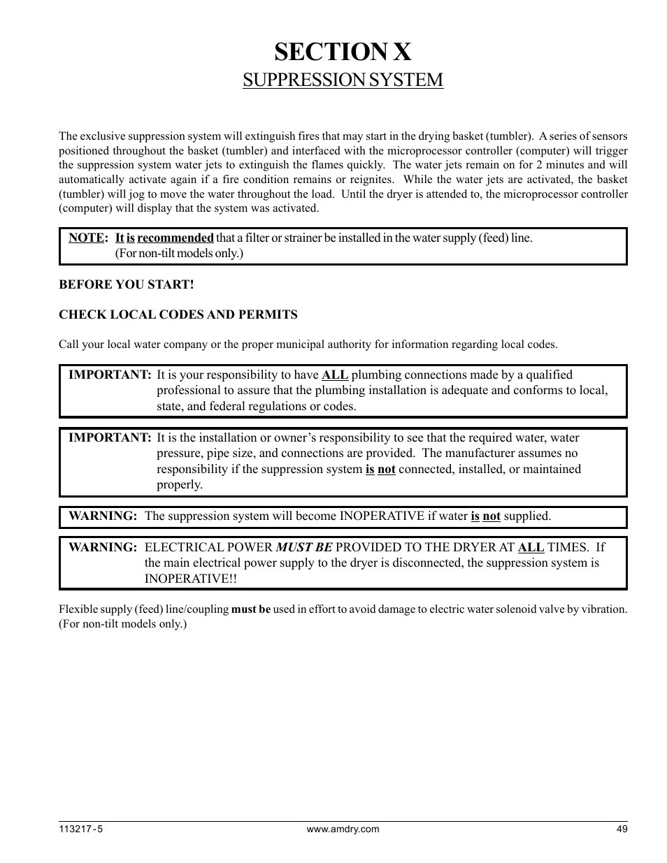 Section x, Suppression system | American Dryer Corp. AD/ML-310 User Manual | Page 49 / 54
