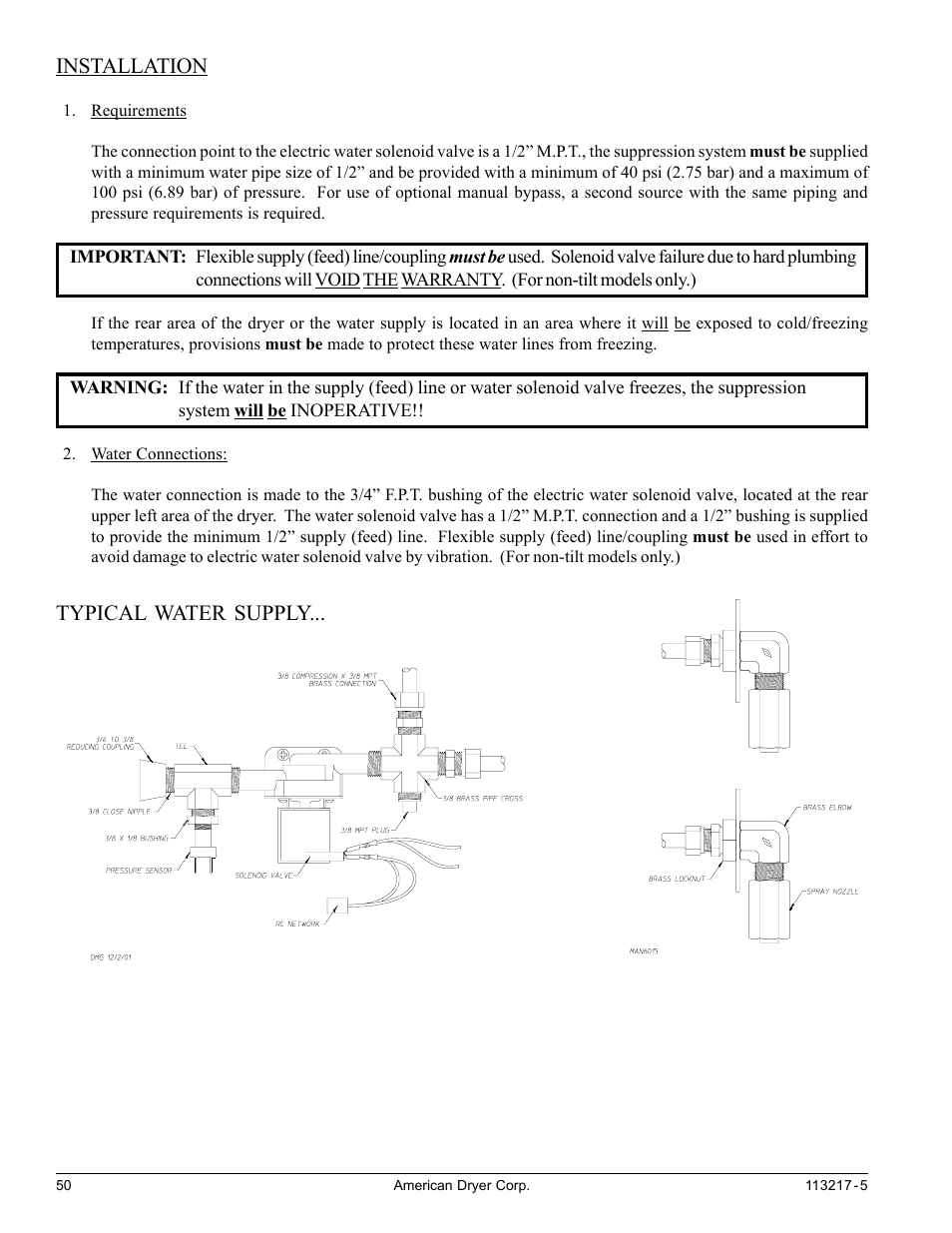 Installation, Typical water supply | American Dryer Corp. AD/ML-310 User Manual | Page 50 / 54