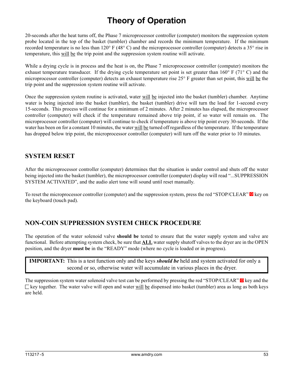 Theory of operation, System reset, Non-coin suppression system check procedure | American Dryer Corp. AD/ML-310 User Manual | Page 53 / 54