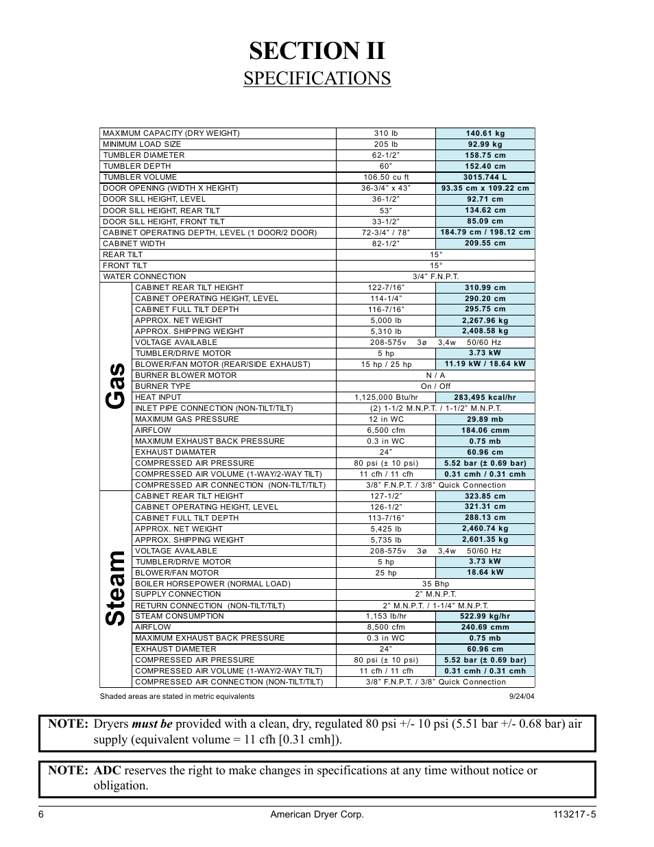 Section ii, Specifications, Gas s team | American Dryer Corp. AD/ML-310 User Manual | Page 6 / 54
