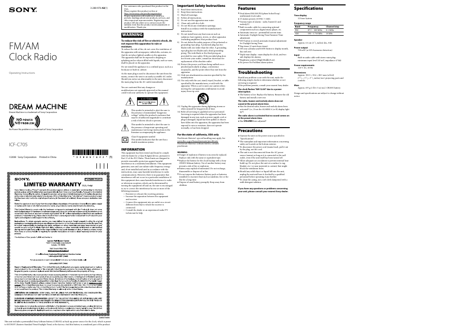 Sony ICF-C705 User Manual | 2 pages