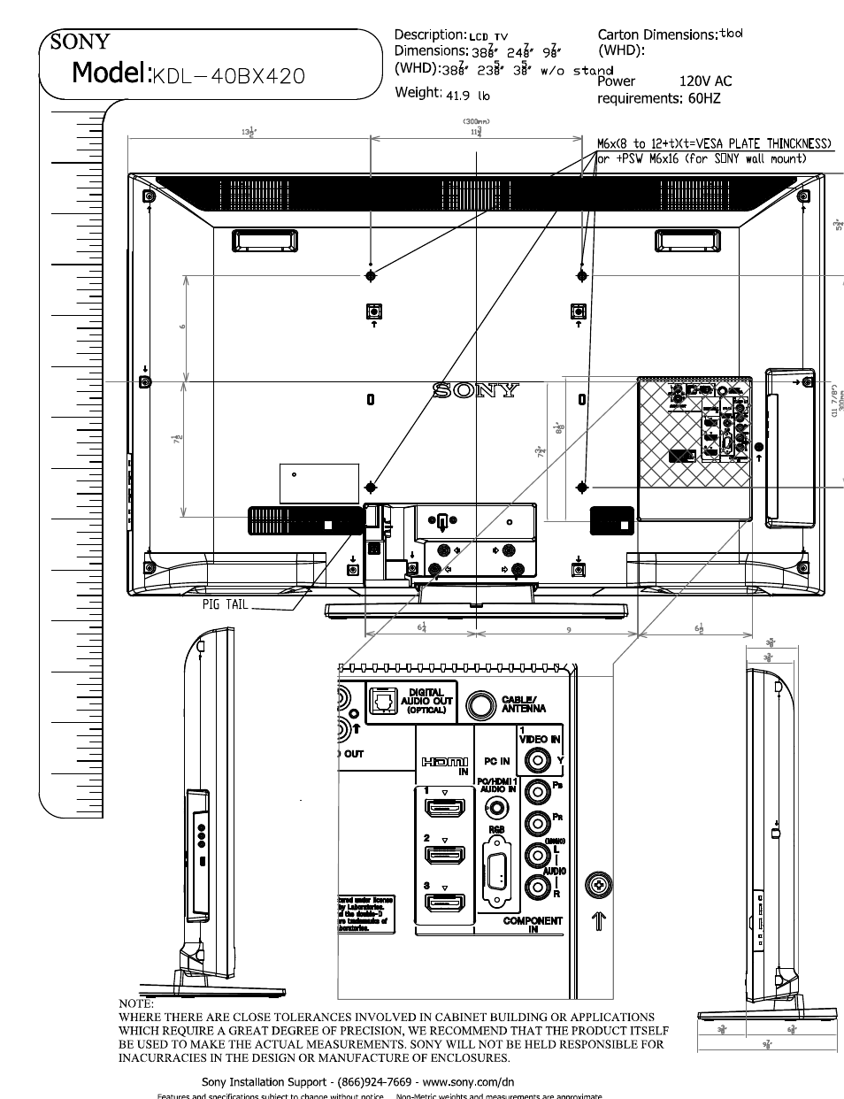Model | Sony KDL-40BX420 User Manual | Page 2 / 3